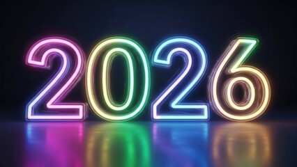Vibrant neon glow forming the year 2026, brilliantly reflecting on a dark surface, ideal for future events and New Year celebrations.