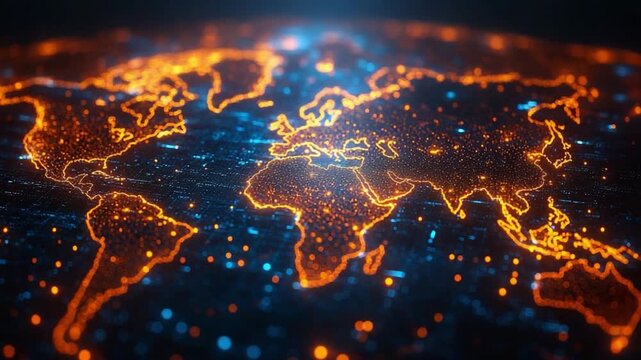 Illuminated Globe: An expansive digital rendering of the world map glows with intricate detail, displaying a network of interconnected points and lines across continents.