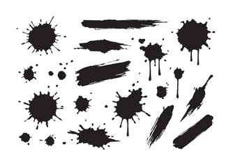 Black Ink Splatter and Brush Stroke Collection on White Background