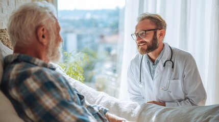 Friendly doctor in white coat with stethoscope talking to elderly patient in bright room, representing healthcare, medical care, and patient consultation. Concept of geriatric care
