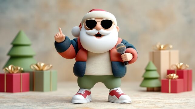 Trendy santa claus cartoon character singing and pointing