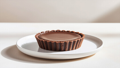 Minimal Dessert Plate Featuring a Single High-Detail Chocolate Tart in Asymmetric Composition