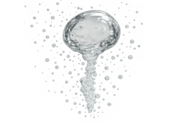 Rising gas bubble with smaller air bubbles underwater, fizzing effect, carbonated liquid, transparent background