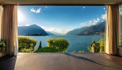a breathtaking view from the window of a luxury villa overlooking the serene waters of lake como with picturesque mountains in the background