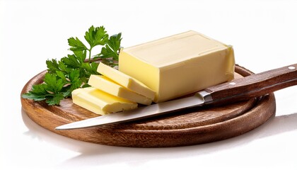 butter block with slices parsley and knife