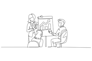Continuous one line drawing three colleagues, one female presenting growth chart with bar and line graphs. Successful strategy in corporate meeting. Single line draw design vector graphic illustration