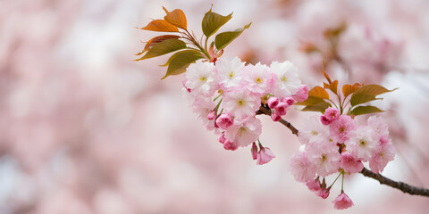 Naklejka premium Pink spring blossom branch wide background