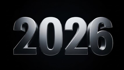 Sleek metallic silver 3D number 2026 prominently displayed against a deep black background, symbolizing the future, upcoming year, events, and success.