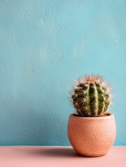 Green cactus in speckled pink ceramic pot, placed on pink surface against textured turquoise wall. Vibrant color contrast creates modern, minimalist decor aesthetic, ideal for interior styling