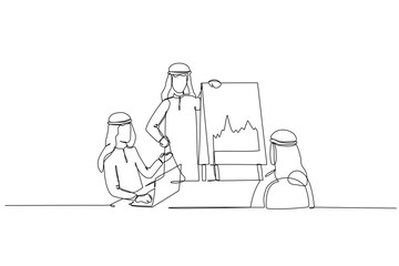 Continuous one line drawing Arab men in business meeting. One man standing next to flip chart with volatile line graph. Review market performance. Single line draw design vector graphic illustration