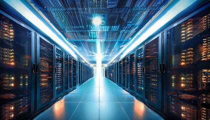 server room data center with rows of server racks and glowing led lights