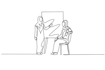 Single continuous line drawing two Arab women in meeting, one presenting finance chart to seated colleague. Coaching session on volatile business performance. One line draw design vector illustration
