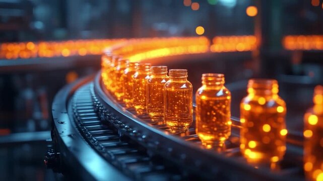 Automated Production: Rows of amber-colored bottles move along a factory production line. This image showcases the efficiency and precision of modern industrial automation.