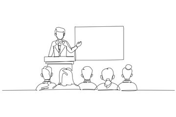 Single one line drawing male speaker at podium with a microphone, presenting to seated colleagues or attendees. Business conference or seminar. Continuous line draw design graphic vector illustration