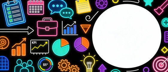 Kpi performance card with analysis, graph, marketing, target, management, strategy, chart