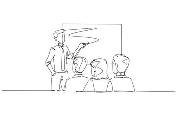 Single one line drawing male presenter explaining volatile finance chart to seated audience, symbolizing business meeting or training strategy. Continuous line draw design graphic vector illustration