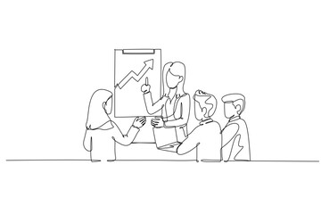 Single one line drawing four human colleagues, two men and two women on successful business presentation, pointing to an upward trending graph. Continuous line draw design graphic vector illustration