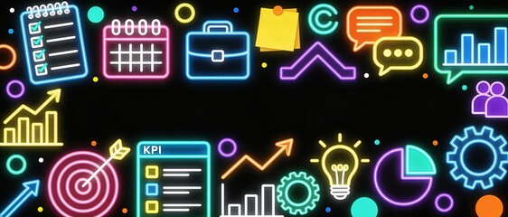 Kpi performance card with graph, target, strategy, chart, management, analysis, marketing