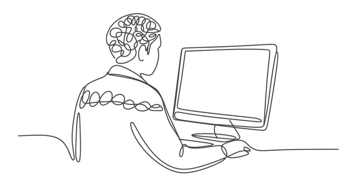 A single continuous line drawing of a person with a brain working at a computer Vector, illustration