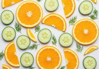 Bright citrus fruit slices and green vegetable rounds are artfully arranged on a light surface.