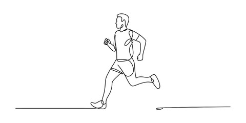 Minimalist continuous line drawing depicting a man running in athletic gear Vector, illustration