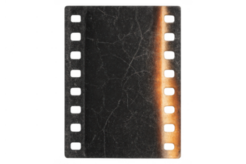 Vintage film strip with scratches and film burn effect, creating a retro cinematic overlay texture, transparent background