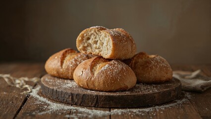 Fresh bread rolls on a wooden cutting board.