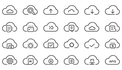 Obraz premium Modern linear cloud icons featuring AI, backups, file handling, cybersecurity, and online connectivity