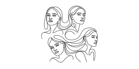 Continuous line drawing featuring four female faces representing unity and femininity Vector, illustration