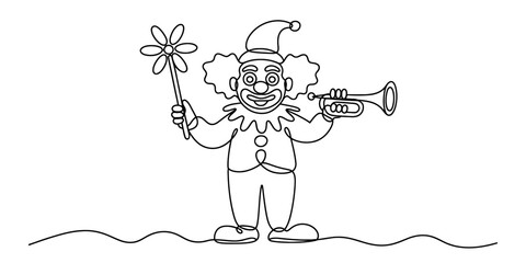 A continuous line drawing of a circus clown playing a trumpet and holding a flower wand Vector, illustration