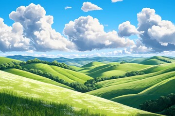 Obraz premium Lush Green Rolling Hills Under a Vibrant Blue Sky with Fluffy White Clouds . 