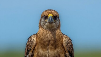 Close-up of a bird of prey, showing detailed feathers and piercing eyes, set against a clear blue sky background.
