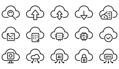 Fototapeta premium Outline design pack of cloud technology concepts including AI chips, documents, and secure storage