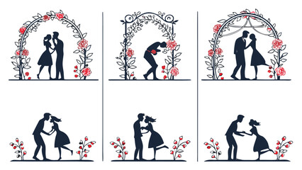 Obraz premium Vector illustration collection of romantic couple silhouettes in various poses with flowers and archways
