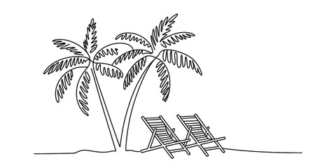 Continuous one line drawing of two palm trees and sun loungers on a sandy beach Vector, illustration © Pabon Art Gallery