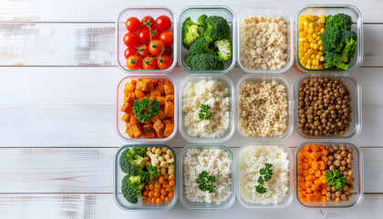 Neatly Arranged Meal Prep Containers with Colorful Healthy Meals in Clean Top-Down Composition