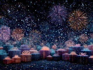 Fototapeta premium Fireworks display above colorful gift boxes during New Year night celebration at a festive event