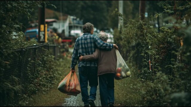 A man helping an elderly neighbor carry groceries, representing kindness and community support, natural documentary style.

