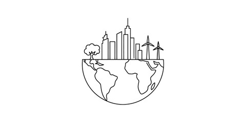 A single line drawing illustration of a sustainable city on the earth with renewable energy sources Vector, illustration