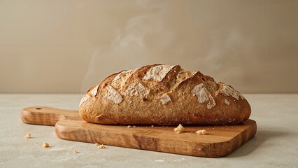 Fresh bread loaf on wooden cutting board with steam rising, still warm. Baked goods and bread concept. Food and baking. The idea of freshness and warm food.