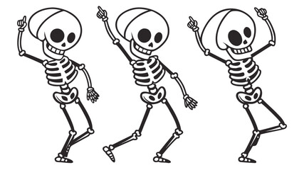 Vector illustration three dancing skeletons in a row with their arms raised in a joyful dance