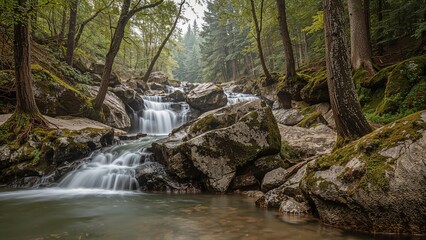 Obraz premium A forest stream with waterfall over rocks in woodland setting. Nature and landscape scene. The peacefulness and beauty of the natural environment.