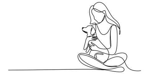 Continuous line art illustration of a woman hugging her small dog, depicting a close bond Vector, illustration