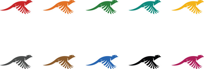 Flying bird silhouettes in multiple colors, Multicolor bird icons soaring animal design