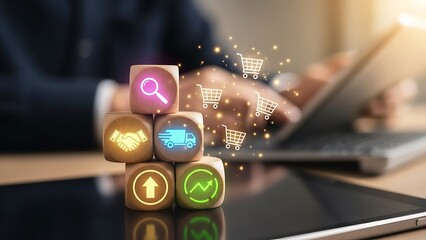 A person interacting with a tablet displaying icons for data analysis finance and communication in a modern office setting environment