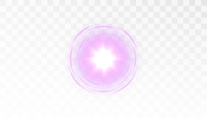 A vibrant purple explosion of light with rays and a glowing stream of particles. A dynamic starburst. Vector light effect on a white background.