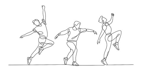 Abstract continuous line drawing showing three people in dynamic dance poses Vector, illustration