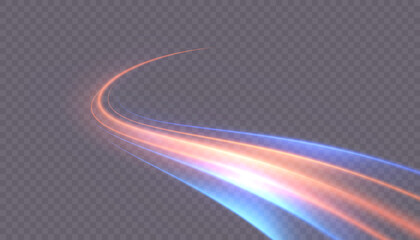 A long, smoothly rotating light beam in warm orange and cool blue tones, with a soft glow and a speed effect. Suitable for overlays in design and illustrations. Vector. © Valeriia