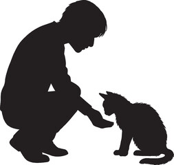 Man Squatting Petting Cat Silhouette Vector Illustration