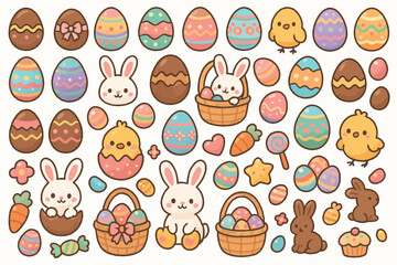 Colorful cartoon easter scene with bunnies, chicks, eggs, and carrots